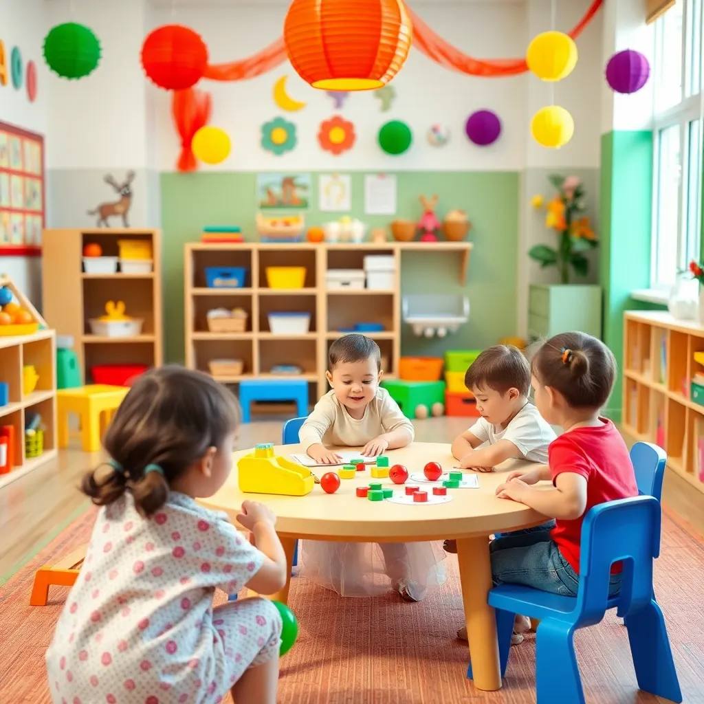 Children playing and learning in a colorful classroom with bright decorations and toys