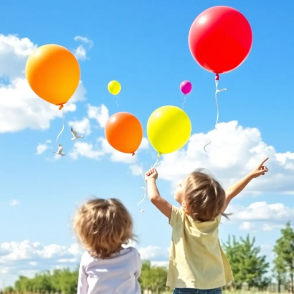 Children dreaming and imagining with colorful balloons and clouds in a bright outdoor setting
