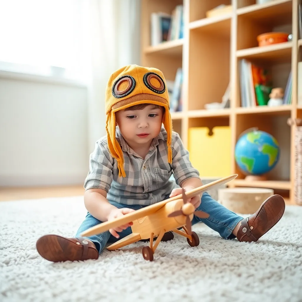 Child wearing aviator hat playing with wooden toy plane on carpet in a bright room with bookshelf and globe