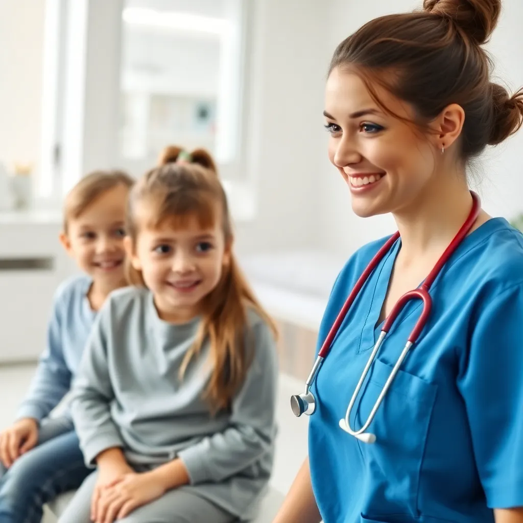 Friendly female nurse with stethoscope smiling and interacting with children in a bright clinic room